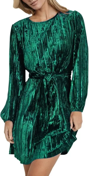 Women's Velvet Dress Long Puff Sleeve Cocktail Party Semi-Formal Fit and Flare Church Wedding Guest Work Dresses