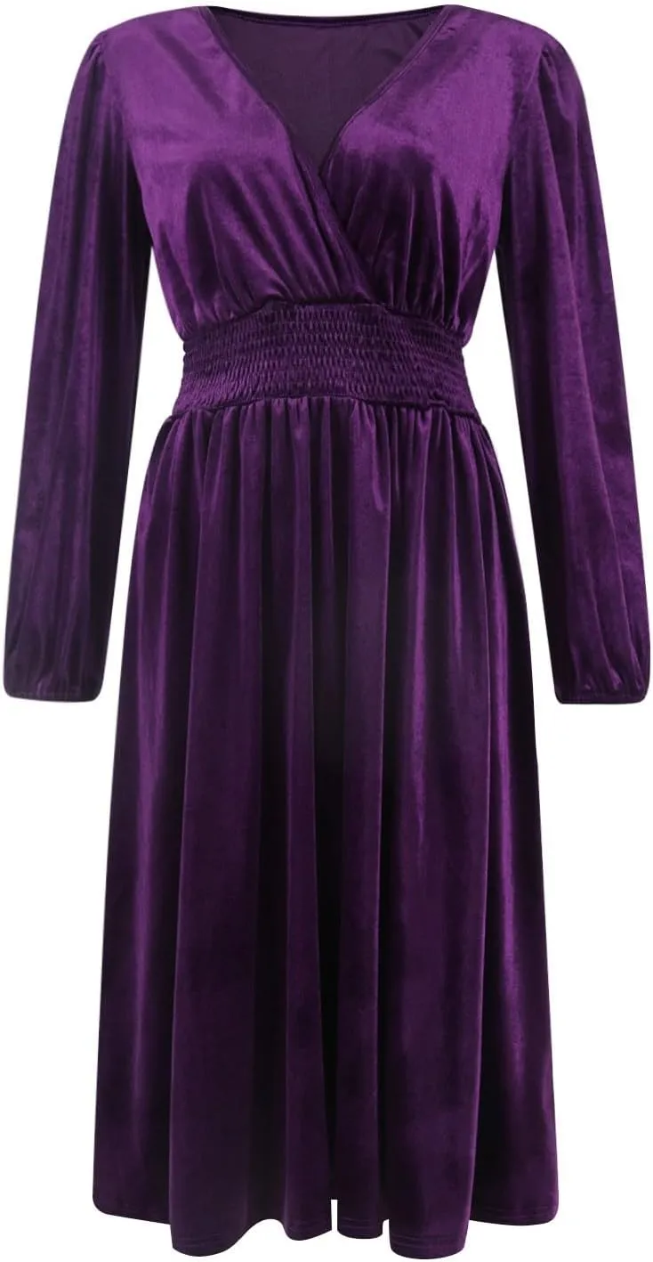 Women's Velvet Dress Long Puff Sleeve Cocktail Party Semi-Formal Fit and Flare Church Wedding Guest Work Dresses