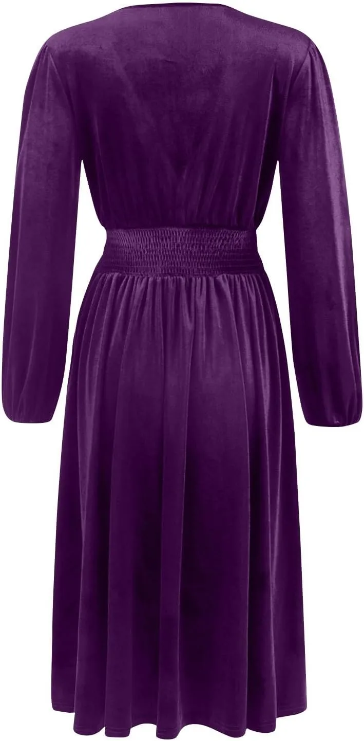 Women's Velvet Dress Long Puff Sleeve Cocktail Party Semi-Formal Fit and Flare Church Wedding Guest Work Dresses