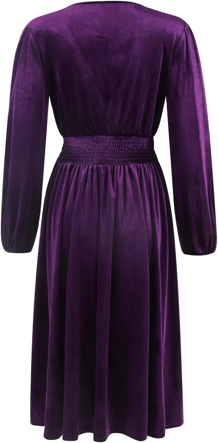 Women's Velvet Dress Long Puff Sleeve Cocktail Party Semi-Formal Fit and Flare Church Wedding Guest Work Dresses