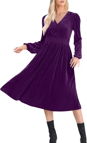Women's Velvet Dress Long Puff Sleeve Cocktail Party Semi-Formal Fit and Flare Church Wedding Guest Work Dresses