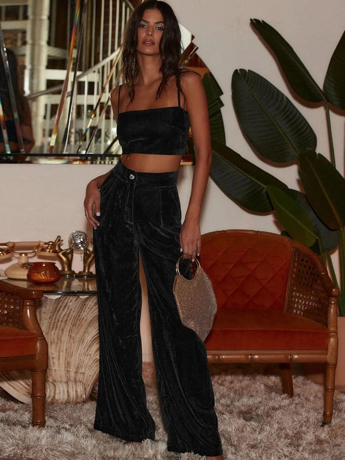 Women's Velvet Pants High Waisted Straight Wide Leg Velour Palazzo Pants Dressy Trousers with Pockets