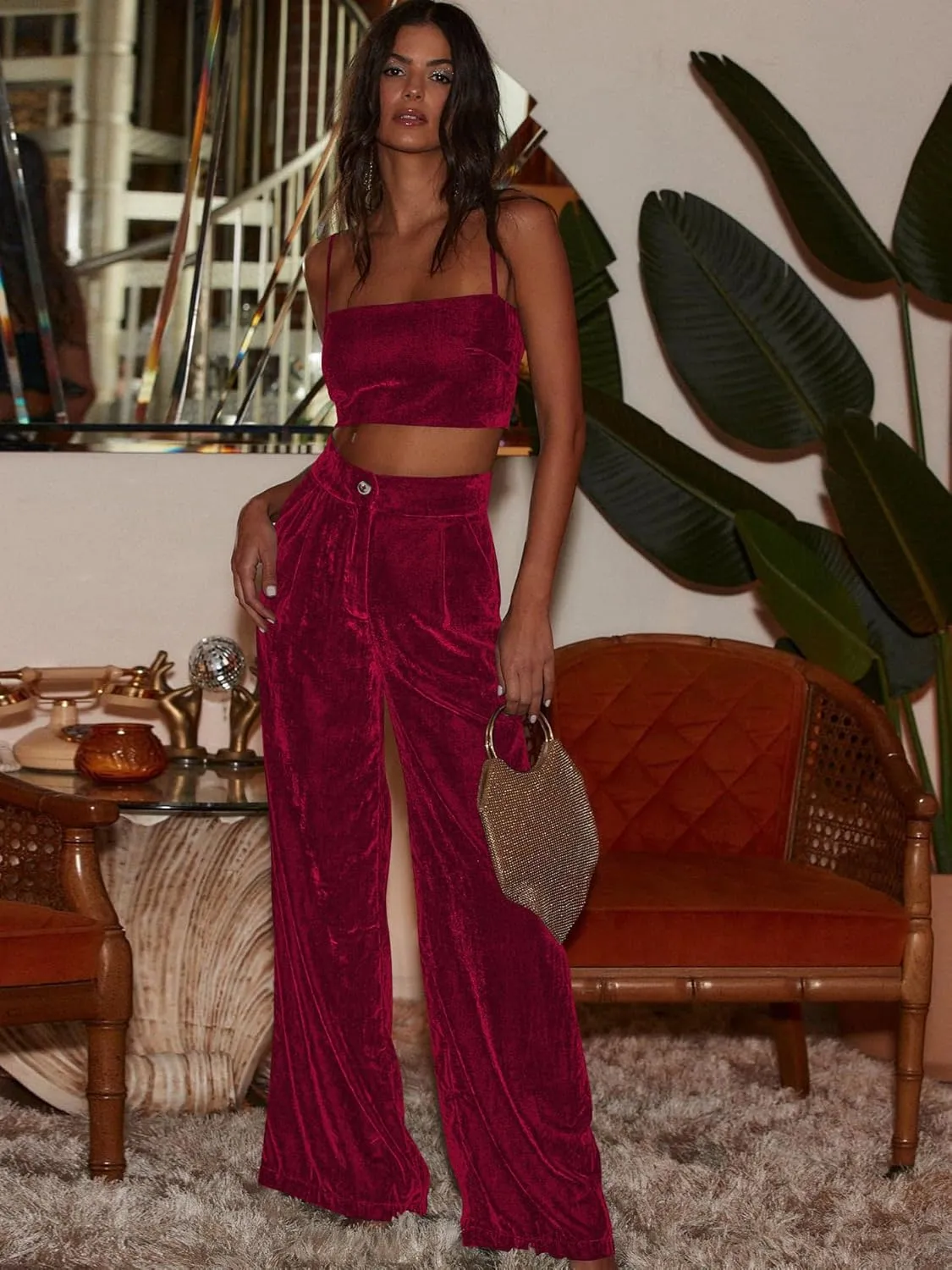 Women's Velvet Pants High Waisted Straight Wide Leg Velour Palazzo Pants Dressy Trousers with Pockets