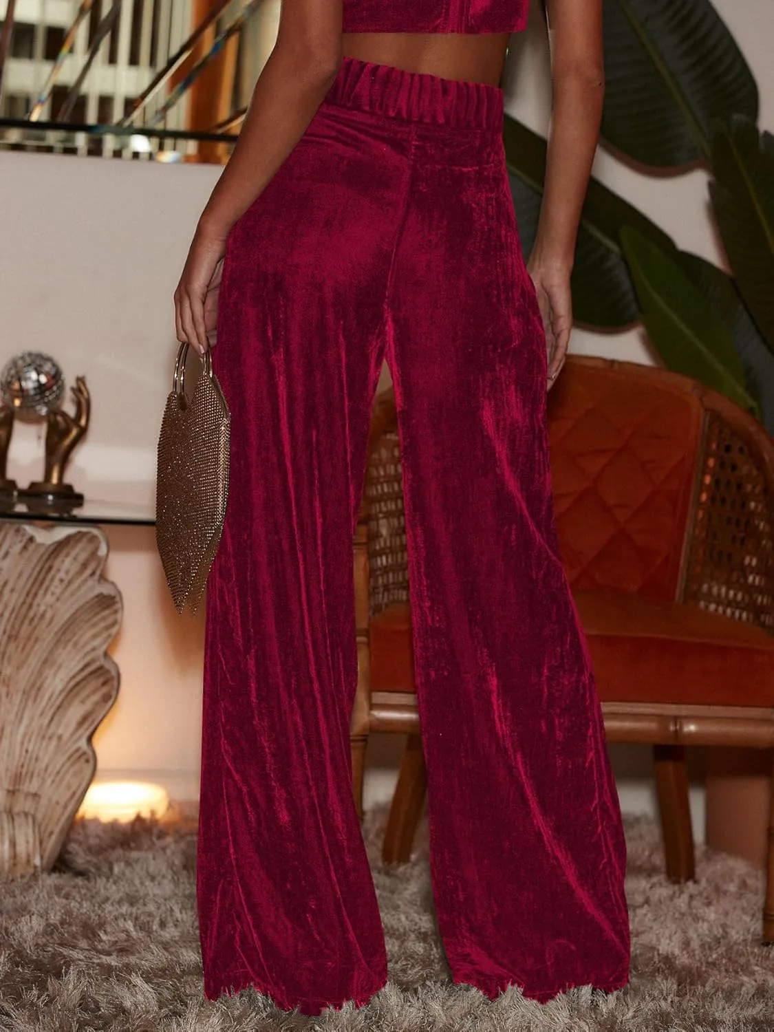Women's Velvet Pants High Waisted Straight Wide Leg Velour Palazzo Pants Dressy Trousers with Pockets