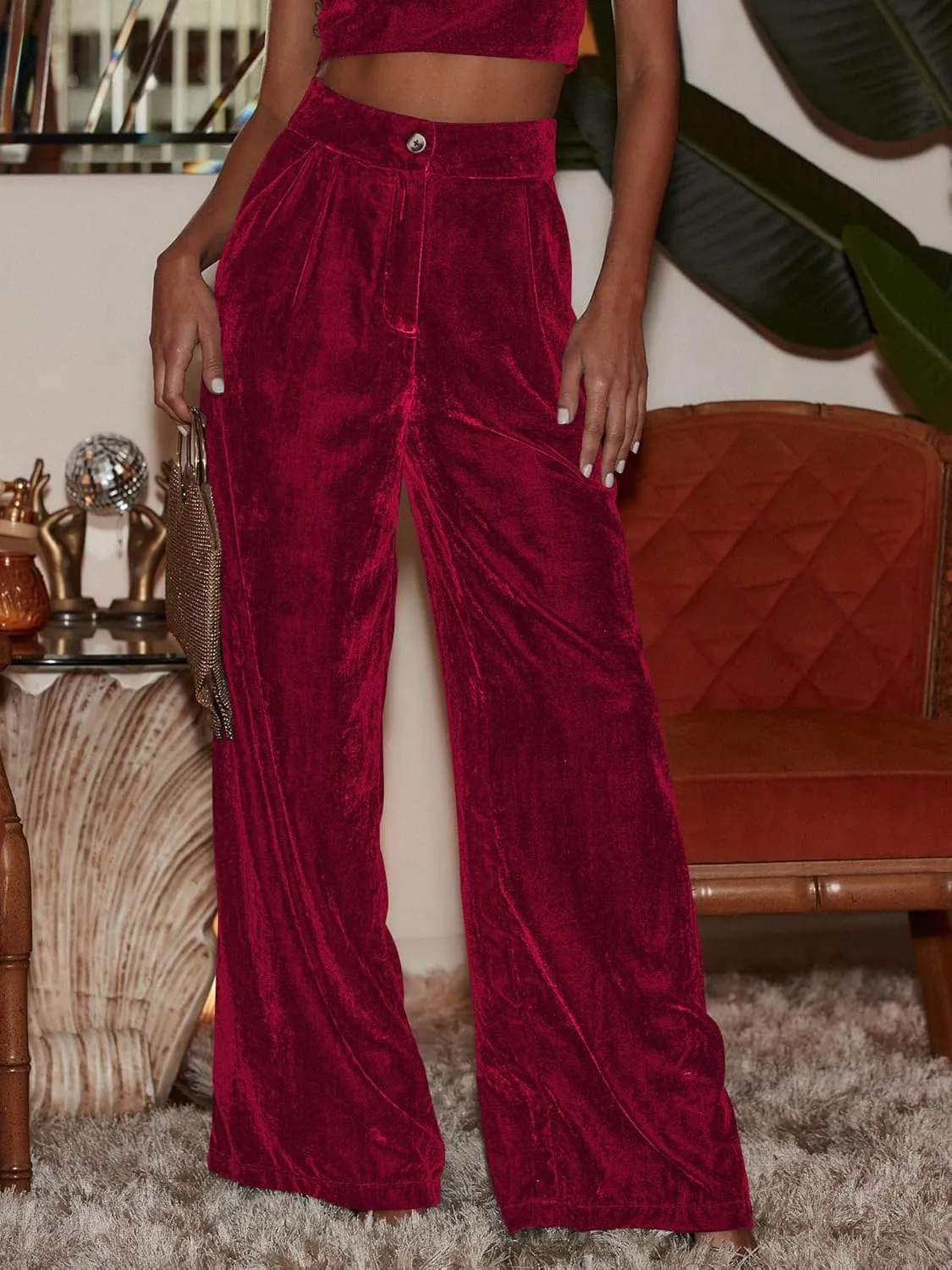 Women's Velvet Pants High Waisted Straight Wide Leg Velour Palazzo Pants Dressy Trousers with Pockets