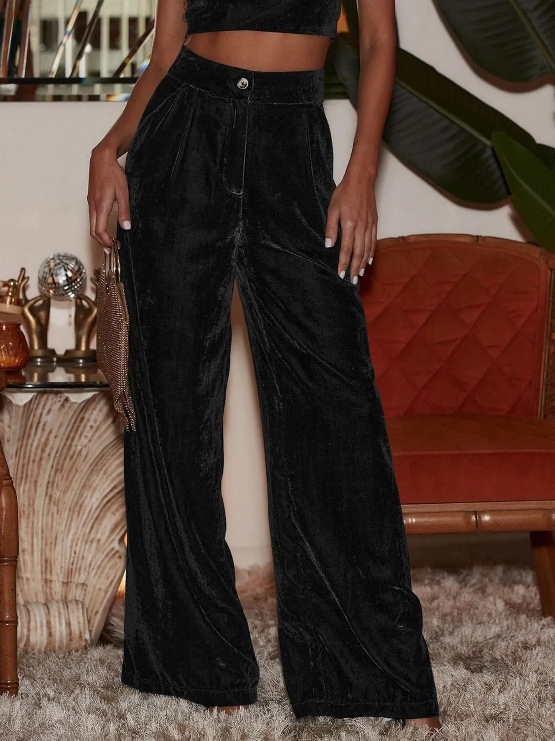 Women's Velvet Pants High Waisted Straight Wide Leg Velour Palazzo Pants Dressy Trousers with Pockets