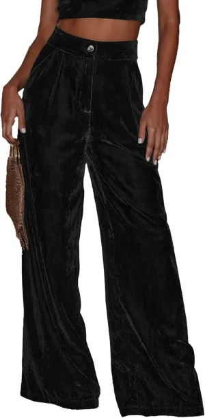 Women's Velvet Pants High Waisted Straight Wide Leg Velour Palazzo Pants Dressy Trousers with Pockets