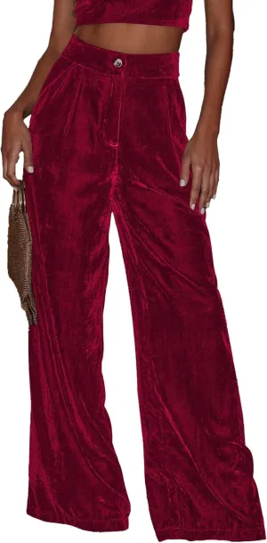 Women's Velvet Pants High Waisted Straight Wide Leg Velour Palazzo Pants Dressy Trousers with Pockets