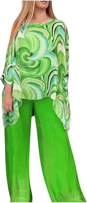 Women’s Wedding Guest Pant Suit 2 Piece Set Tie Dye Printed Elegant Formal Chiffon Evening Party Outfit