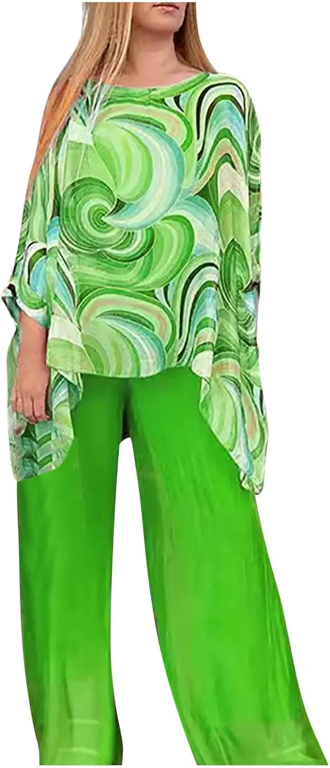 Women’s Wedding Guest Pant Suit 2 Piece Set Tie Dye Printed Elegant Formal Chiffon Evening Party Outfit