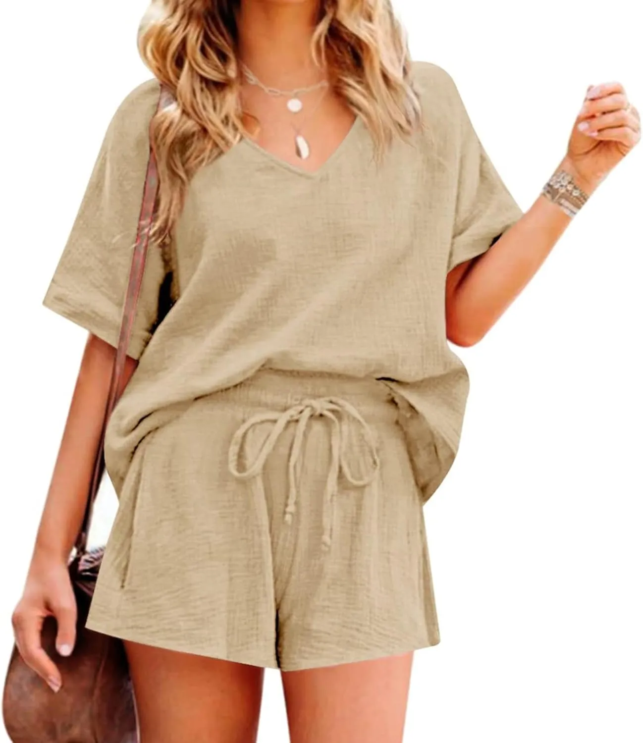 Workout Sets for Women Plus Size Outfits Cotton Linen V Neck Short Sleeve Tops Loose Fit Shorts Set Summer Outfits