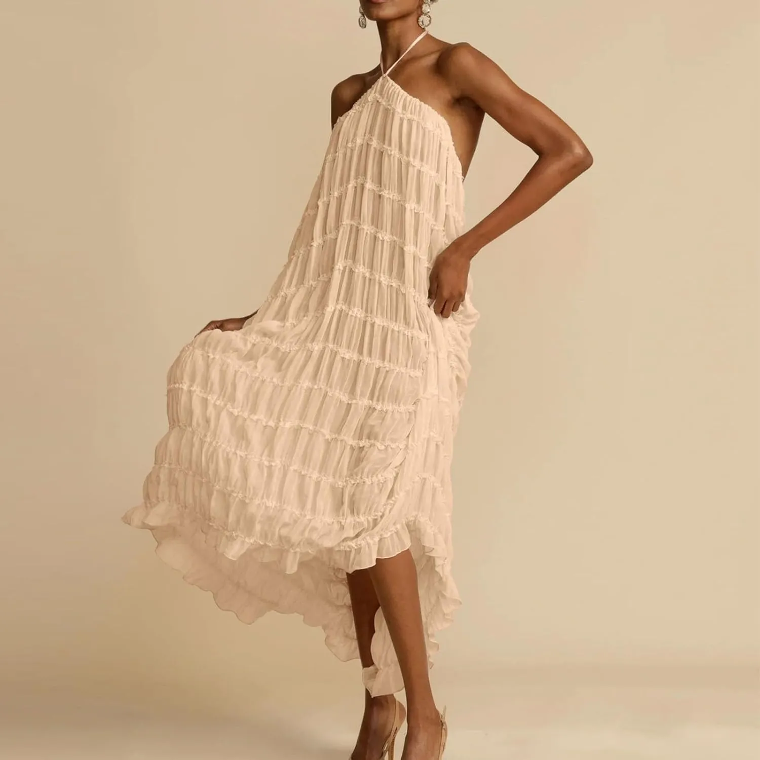Xiaojmake Elegant Formal Dress Asymmetrical Ruffle Maxi Dresses Mesh Halter Neck Sleeveless Flowy Tiered Long Wedding Dress