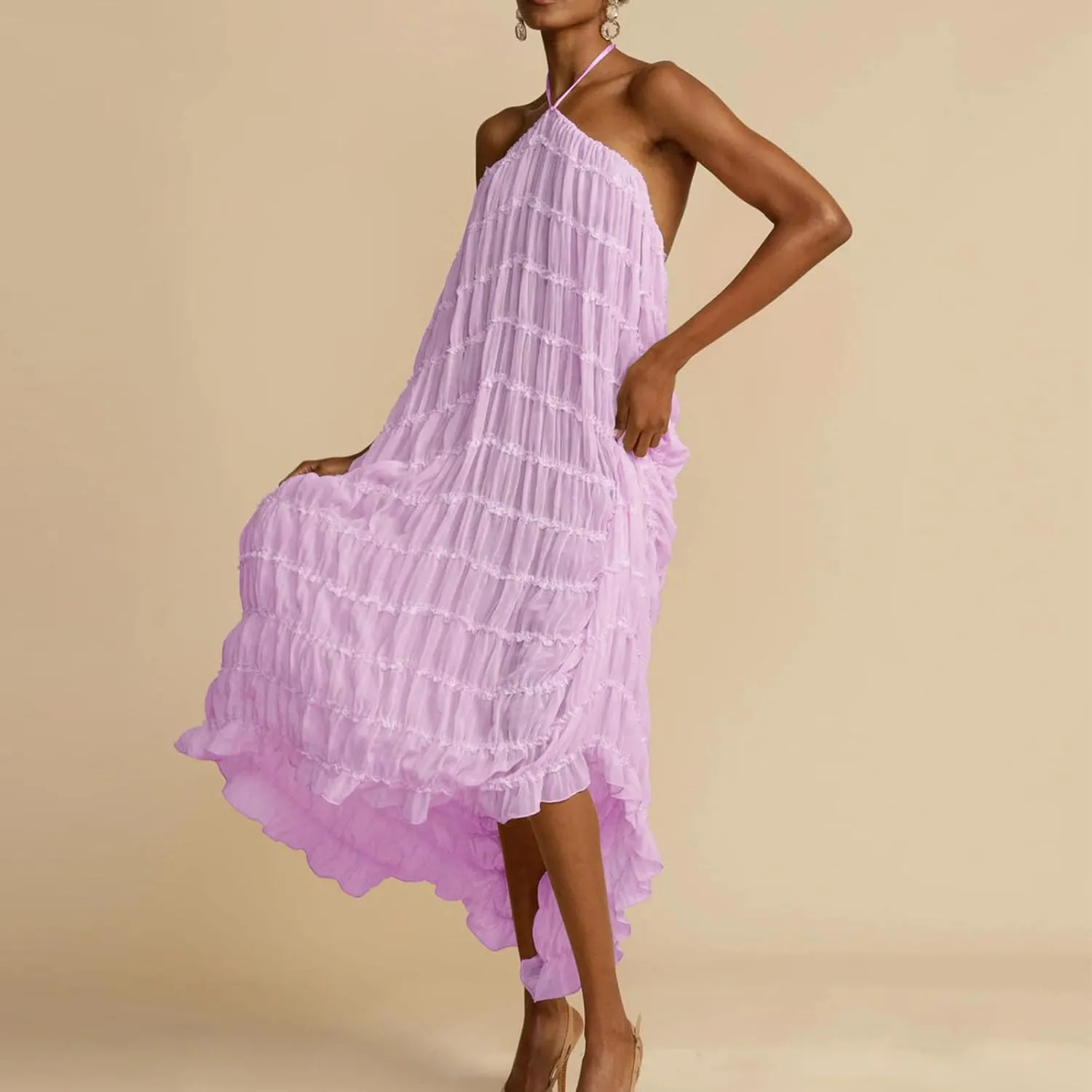 Xiaojmake Elegant Formal Dress Asymmetrical Ruffle Maxi Dresses Mesh Halter Neck Sleeveless Flowy Tiered Long Wedding Dress