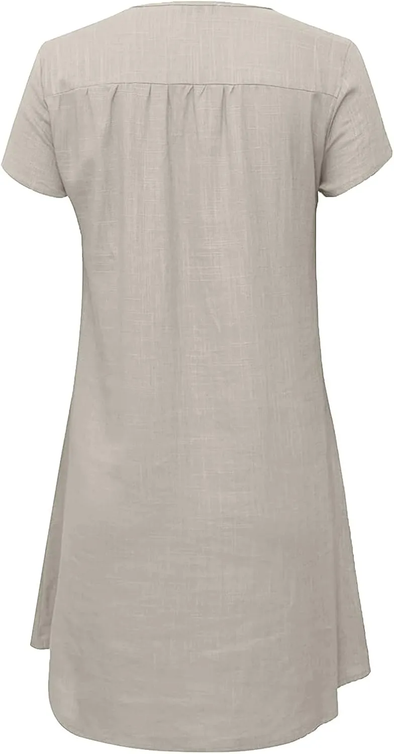 Xiaojmake Linen Dress for Women 2025 Summer Dresses V Neck Short Sleeve Sundress Plus Size Vacation Mini Beach Boho Dress