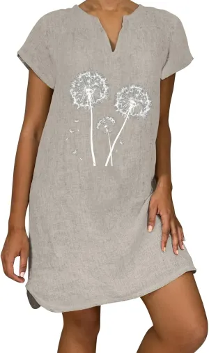 Xiaojmake Linen Dress for Women 2025 Summer Dresses V Neck Short Sleeve Sundress Plus Size Vacation Mini Beach Boho Dress