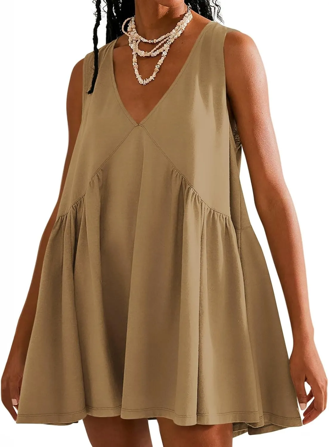 Xiaojmake Mini Tunic Dresses for Women Summer Casual Sleeveless V Neck Tank Sundress Loose Solid Babydoll Dress with Pockets