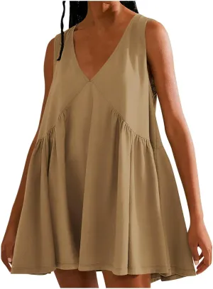 Xiaojmake Mini Tunic Dresses for Women Summer Casual Sleeveless V Neck Tank Sundress Loose Solid Babydoll Dress with Pockets