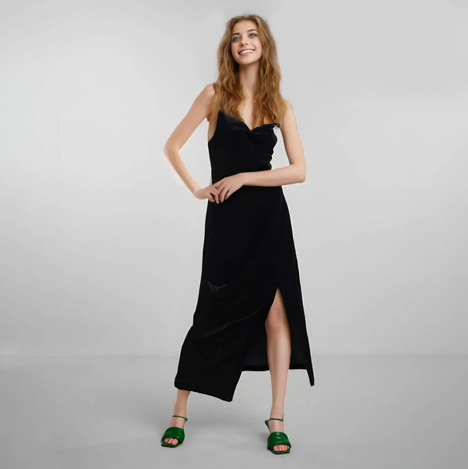 Xiaojmake Women's Sexy Velvet Spaghetti Straps Long Dress Ruched Bodycon Party Club Dresses Cocktail Party Dress with Slit
