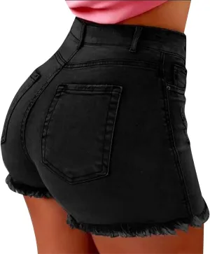 XUETON Womens Denim Shorts High Waisted Casual Summer Jeans Shorts Raw Hem Distressed Comfy Cut Off Summer Hot Pants with Pockets(Black,Large)