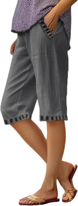 ZYXTIM Linen Shorts for Women 2025 Loose Fit Knee Length Summer Beach Bermuda Short Light Weight Casual Yoga Vacation Pants