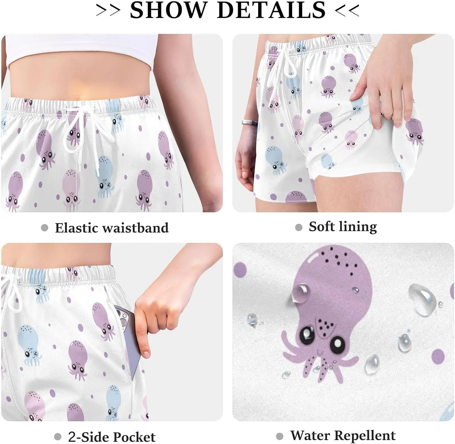 ZZKKO Cute Little Squid Athletic Shorts for Women,Womens Workout Running Shorts Quick Dry with Pockets S-XXL